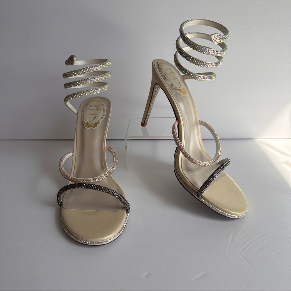 Rene Caovilla Champagne Spiral Crystal Strap High Heel Sandals 39